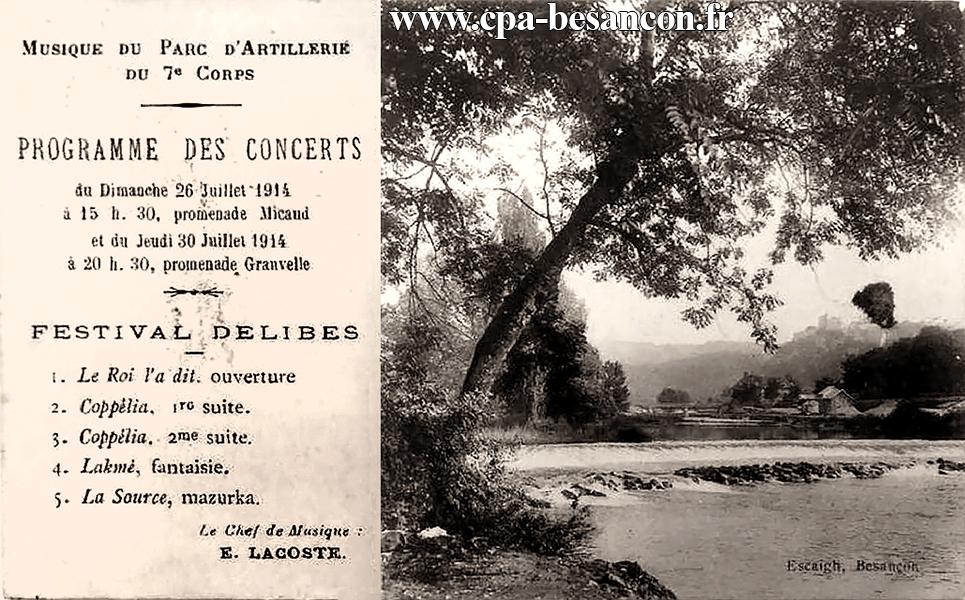 Musique du Parc d'Artillerie du 7e Corps - Programme des Concerts du Dimanche 26 Juillet 1914 à 15h30, promenade Micaud et du Jeudi 30 Juillet 1914 à 20h30, promenade Granvelle